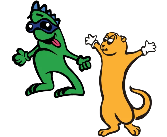 a silly green monster with goggles and a yellow otter